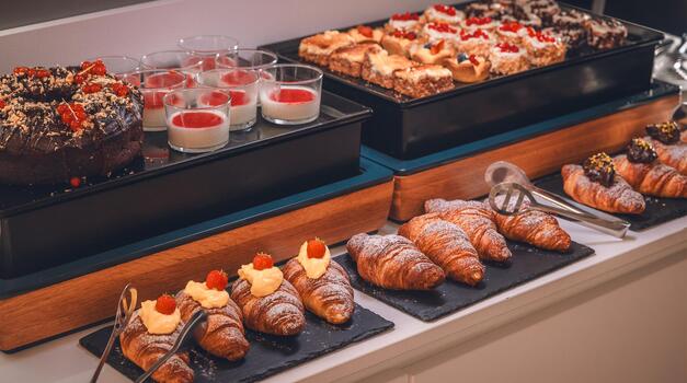 Frühstücksbuffet im Hotel Villa Alberta mit verschiedenen Croissants, Gebäck und kleinen Desserts.