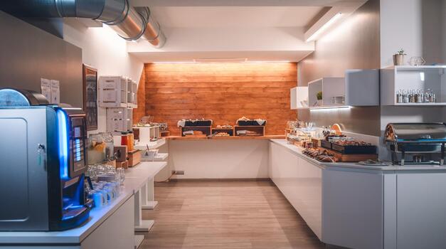 Hotelfrühstücksbuffet mit Edelstahlgeräten, weißen Schränken und orangefarben beleuchteter Rückwand.