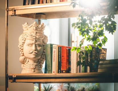Libreria con libri colorati, una scultura decorativa e una pianta verde in un ambiente luminoso.