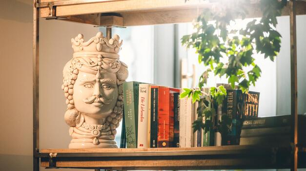 Bücherregal mit bunten Büchern, dekorativer Skulptur und grüner Pflanze in einem hellen Innenraum.