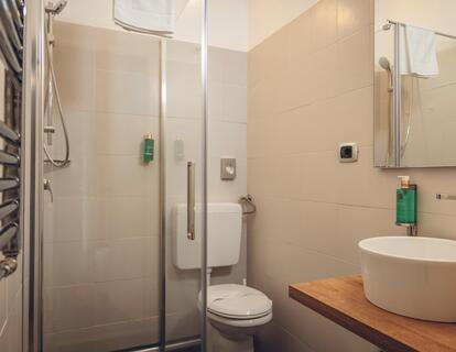 Badezimmer mit Glasdusche, WC, weißem Waschbecken auf einer Holzablage und Spiegel.