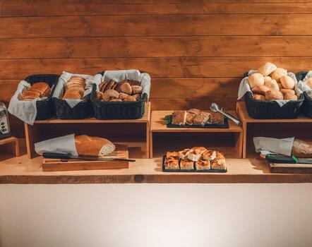 Frühstücksbuffet im Hotel Villa Alberta mit verschiedenen Brotsorten, einem Toaster und salzigem Gebäck.