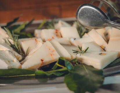 Close-up of a cheese platter at Hotel Villa Alberta.